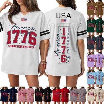 Damen Casual Mode V-Ausschnitt Sport Unabhängigkeitstag Druck Kurzarm Sport T-Shirt Top