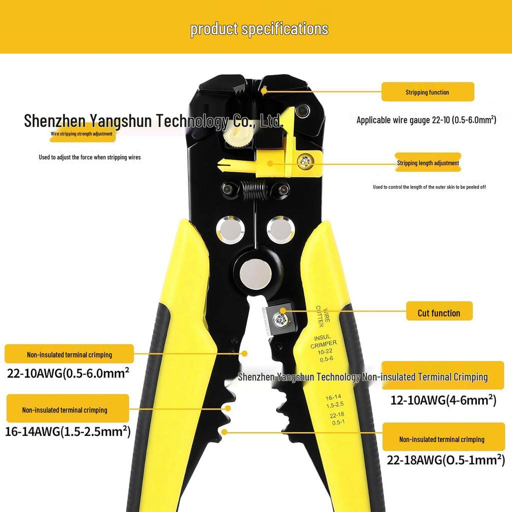 8-Inch Self-Adjusting Yellow-Black 3-in-1 Multifunctional Cable Crimping and Stripping Pliers