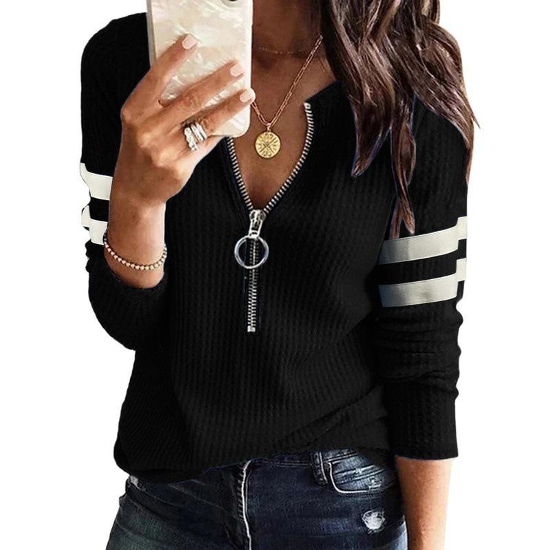 T-shirt Top da Donna a Manica Lunga con Zip e Scollo a V Splicing Taglia Grande
