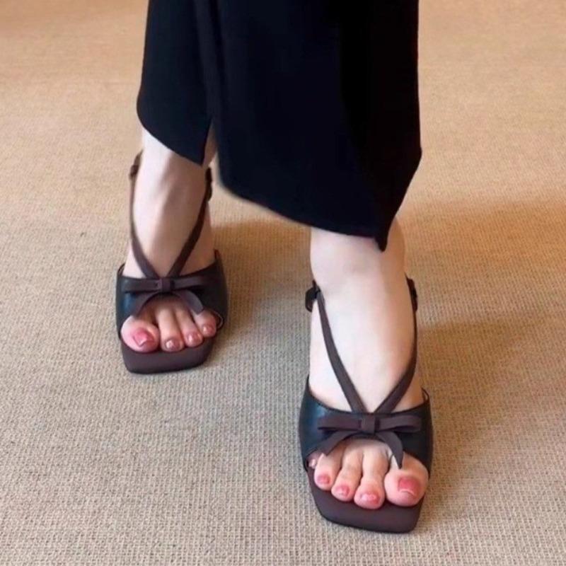 Fashion Wedge Open Toe Sandals Women Summer New Vintage Square Toe Open Toe Bow Color Block One Strap Fashion High Heels