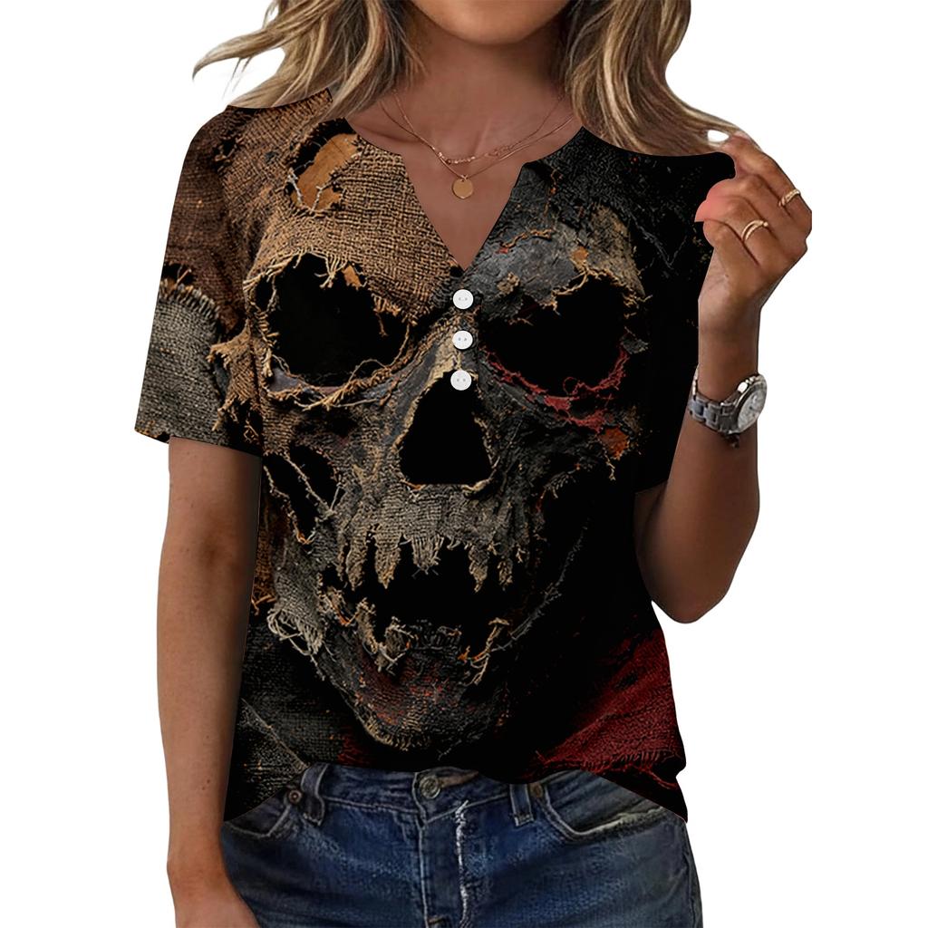 Women V Neck Short Sleeve Skull Print Tops Casual Holiday Graphic Tees Loose Fit Distressed Style T Shirt Blouses