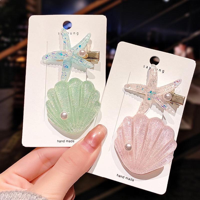 2Pcs/set Fashion Solid Starfish Pearl Shell Hairpins Hair Clips for Women Girls Party Ponytail Holder Hair Accessories