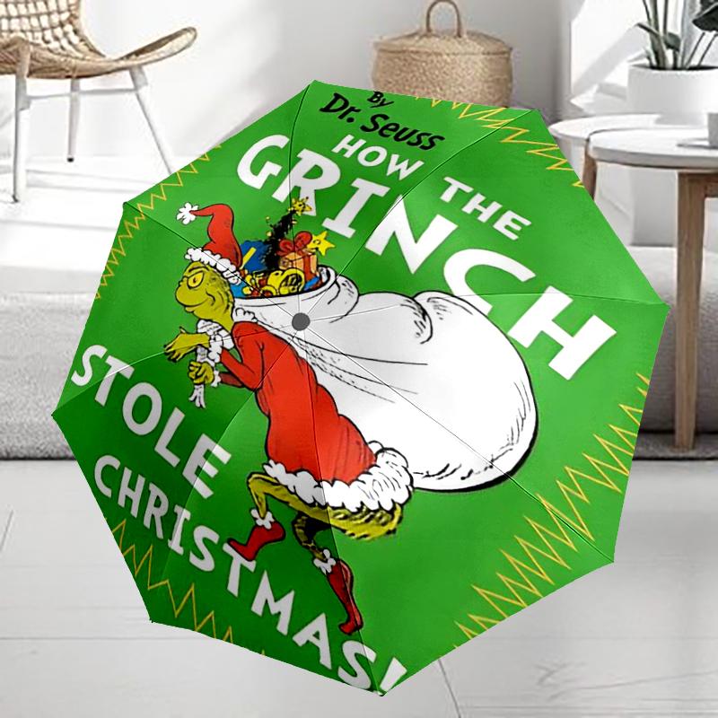 Umbrelă Automată cu Tematică Grinch, Ușoară și Portabilă, 8 Nervuri, Perfectă pentru Călătorii în Aer Liber, Zile de Naștere, Crăciun, Cadouri.