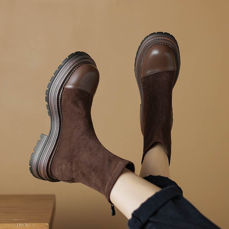 Krazing Pot Microfiber Flock Autumn Winter Shoes Thick Med Heels Size 43 Modern Boots Stretch Ankle Boots