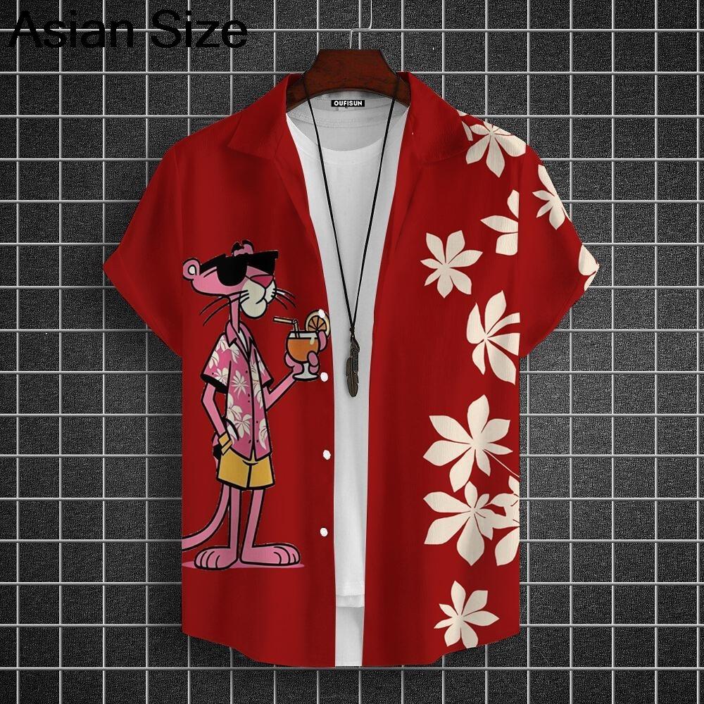 Cartoon Leopard Grafik Herren Kurzarm Hemd mit Kragen Oberteile Unisex Rosa Knopfleiste Hawaiian Hemden Sommer Täglich Damen Blusen