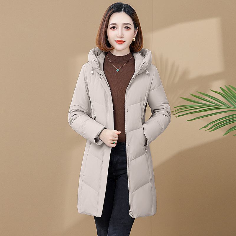 Luxurious Women's Mid-Length White Duck Down Jacket with Hood