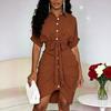 Damen Kurzarm Hemdblusenkleid Taillenbinde Raffung Asymmetrischer Saum Knopfleiste Vorne Freizeitkleid