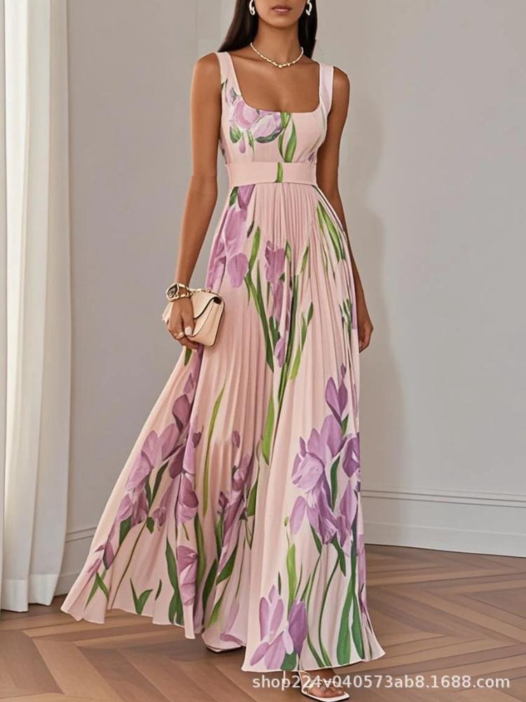 Damen Maxikleid mit Blumenmuster und Rüschensaum, Blaues und Grünes Blumenmuster, Elegantes A-Linien-Langkleid