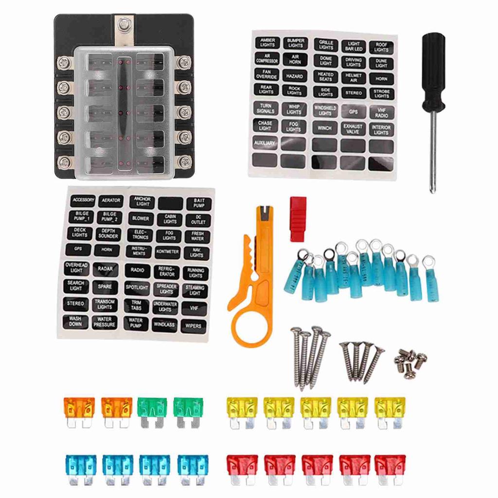 10-fach Flachsicherungskasten 10?32V 100A Nennleistung Staubdichte Clip-On-Abdeckung mit roter LED-Anzeige für Auto Wohnmobil