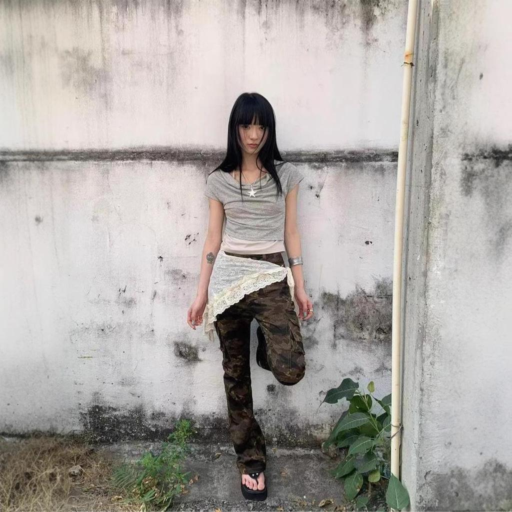 Spring 2025 Korean Jacquard Midi Skirt with Lace Ruffle, Tie Detail, and Scarf Hip Flap