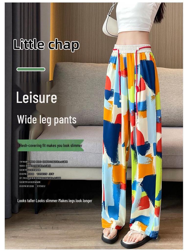 Plus Size Women's High-Waisted Tie-Dye Wide-Leg Summer Pants - Ice Silk, Slimming, Casual, Loose, and Draping.
