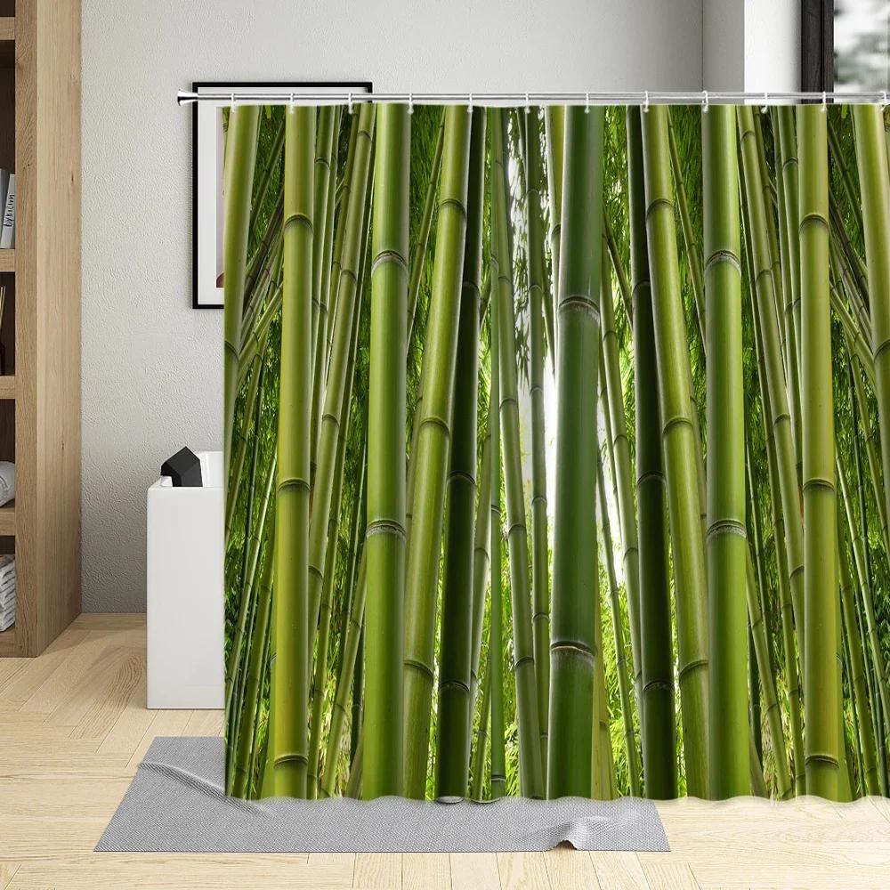 Tenda da Doccia in Bambù Bagno Decorazioni per la Casa Piante Verdi Paesaggio Tende da Bagno con Ganci Tessuto Impermeabile in Poliestere Lavabile