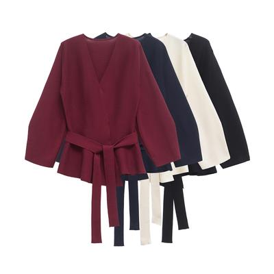 VAYLA Women Shoulder Pad Belt Knit Blazer Women Retro V-neck Long Sleeve Versatile Female Coat Women Clothes
