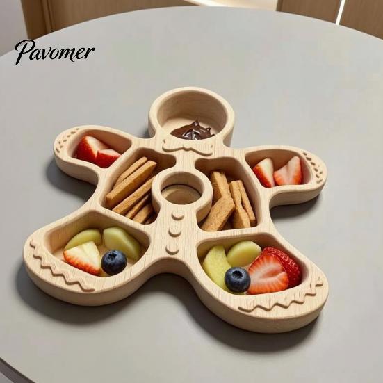 Solid Wood Fruit Bowls Wooden Christmas Divided Tray, Gingerbread Man Santa Xmas Tree Compartment Snack Rustic Kitchen Table Decor Platter,