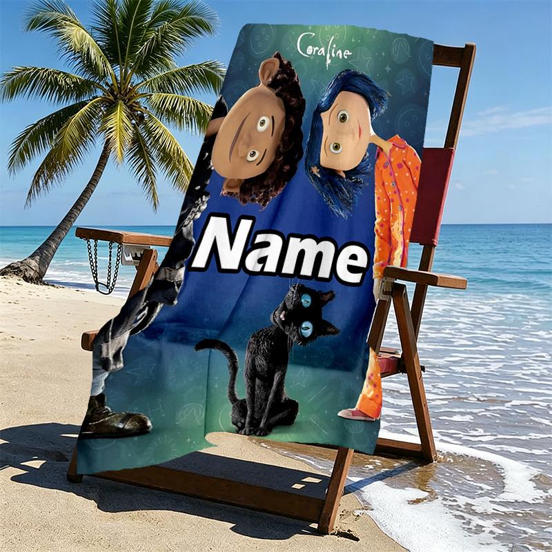 Custom Name Personalized Coraline Print Beach Towel, for Trip Camping Beach Party Home Decor, Birthday Gift for Family & Friends