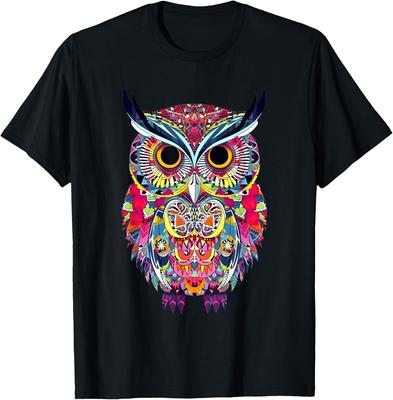 Farbenfrohes Böhmisches Eulen-Grafik-Baumwoll-Kurzarm-Rundhals-T-Shirt für Männer Casual