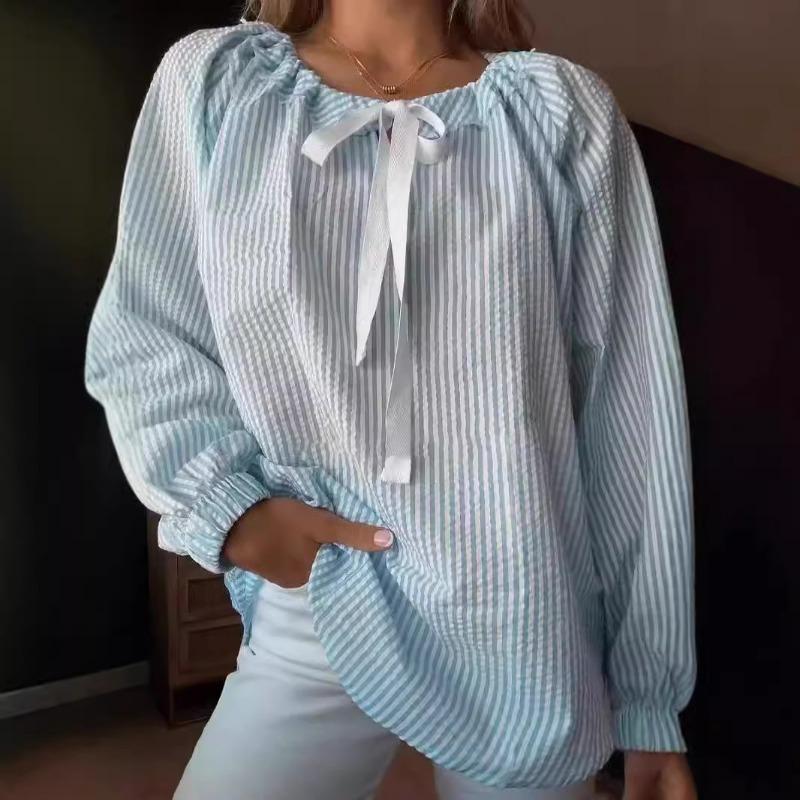 Herbst und Winter Damen Chiffon Shirt Gestreifte Krawatte Langarm Top