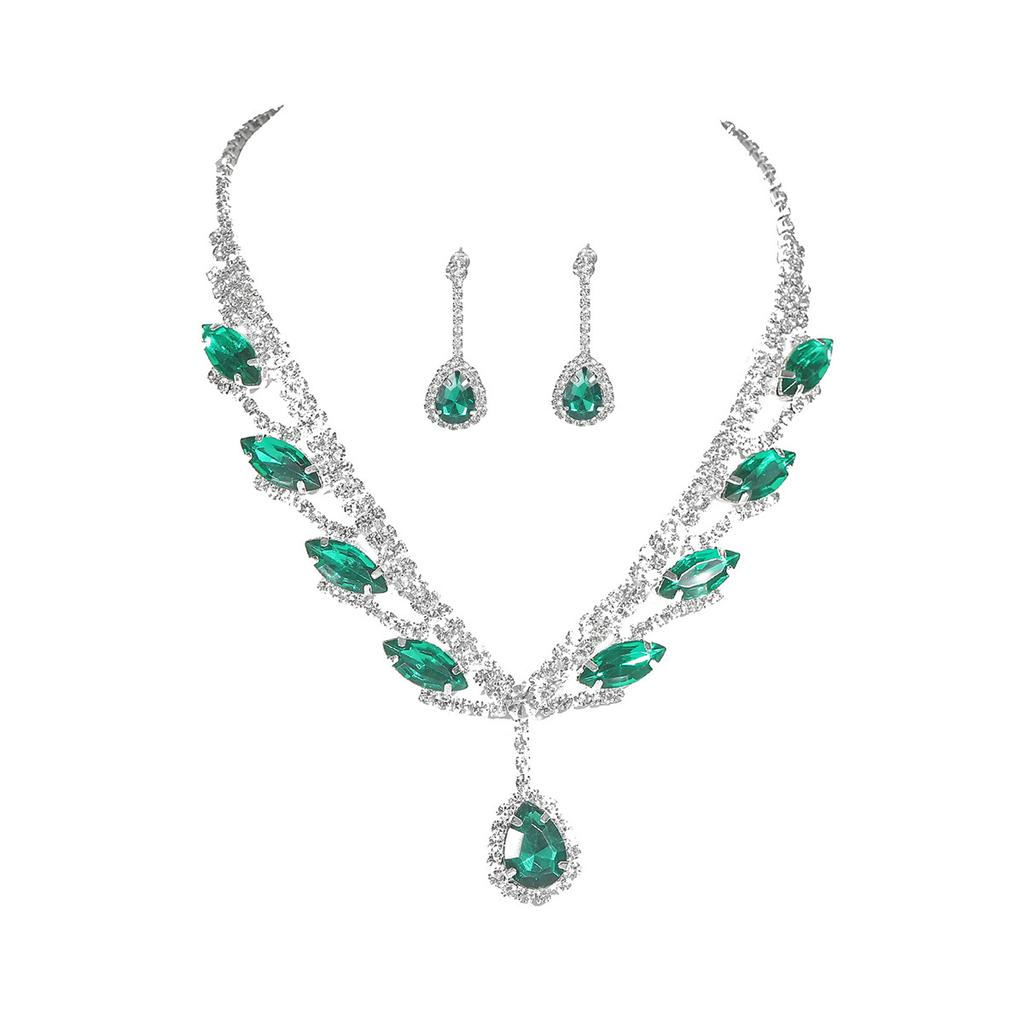 Luxury Rhinestone Beautiful Necklace Earrings Set Bridal Jewelry, Green Water Drop Pendant Earrings Accessories