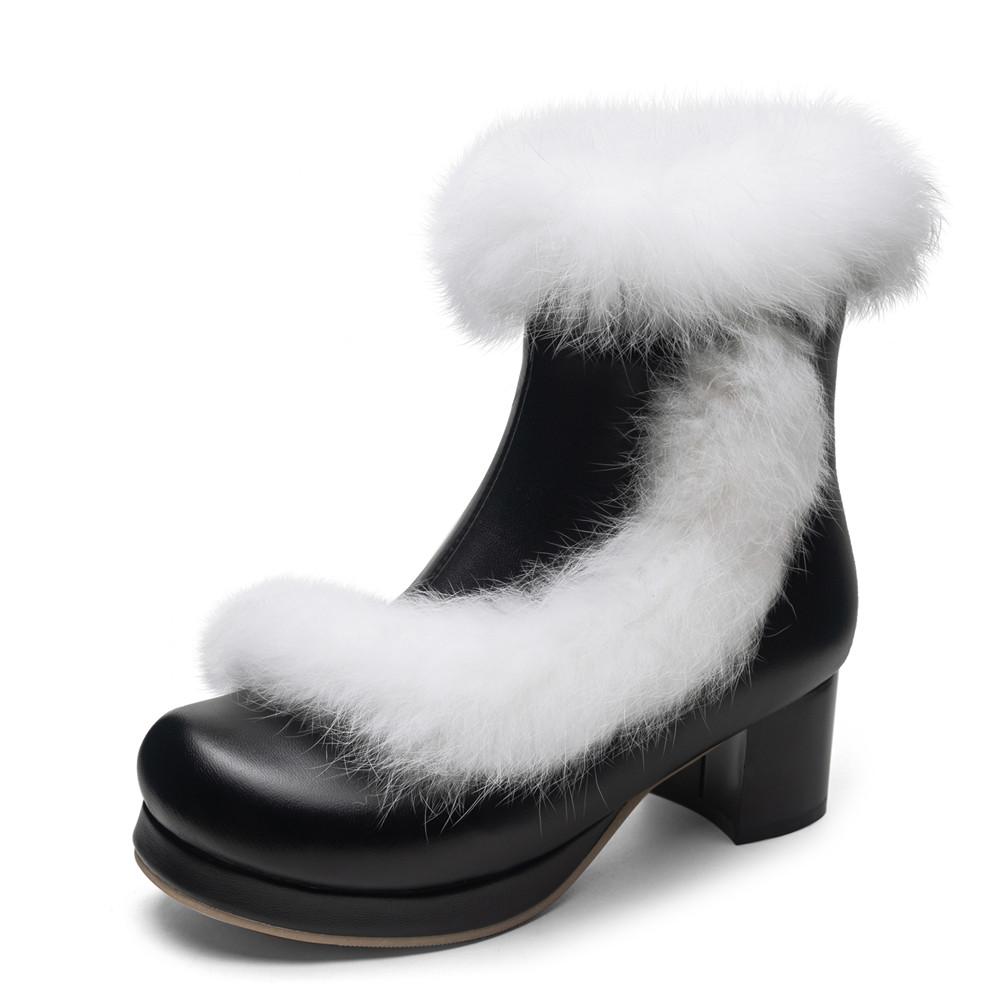 Fashion Ladies Ankle Boots Women Shoes Sweet Fur Lolita Lovely Cosplay Platform Girls Mid Heels Booties Woman Pink White Big Size 31-46