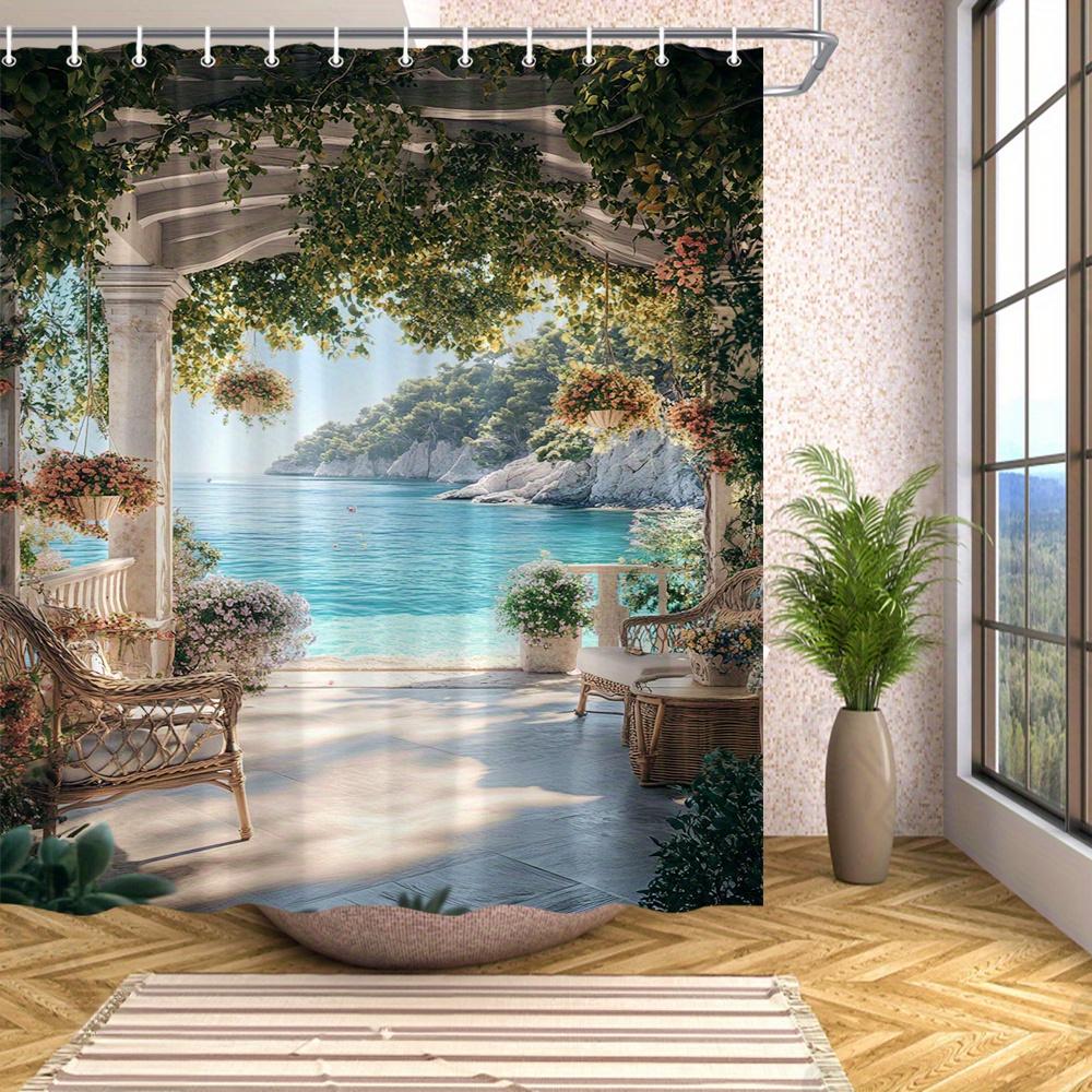 1pc Shower Curtain - Mediterranean Seaside View with a Serene Ocean, Lush Greenery, and Cozy Patio Furniture, Perfect
