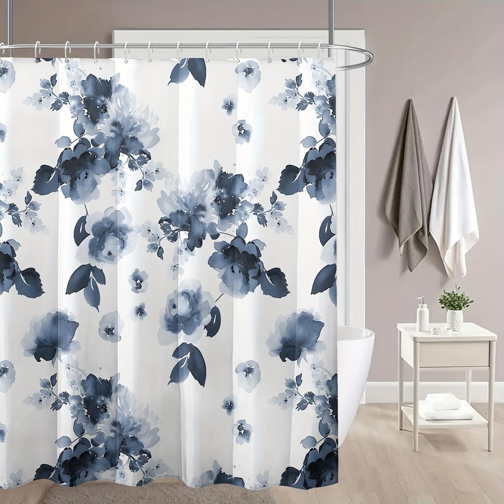 1 Piece Waterproof Floral Shower Curtain Set With Hooks - Machine Washable Polyester Fabric For Bathroom Decoration