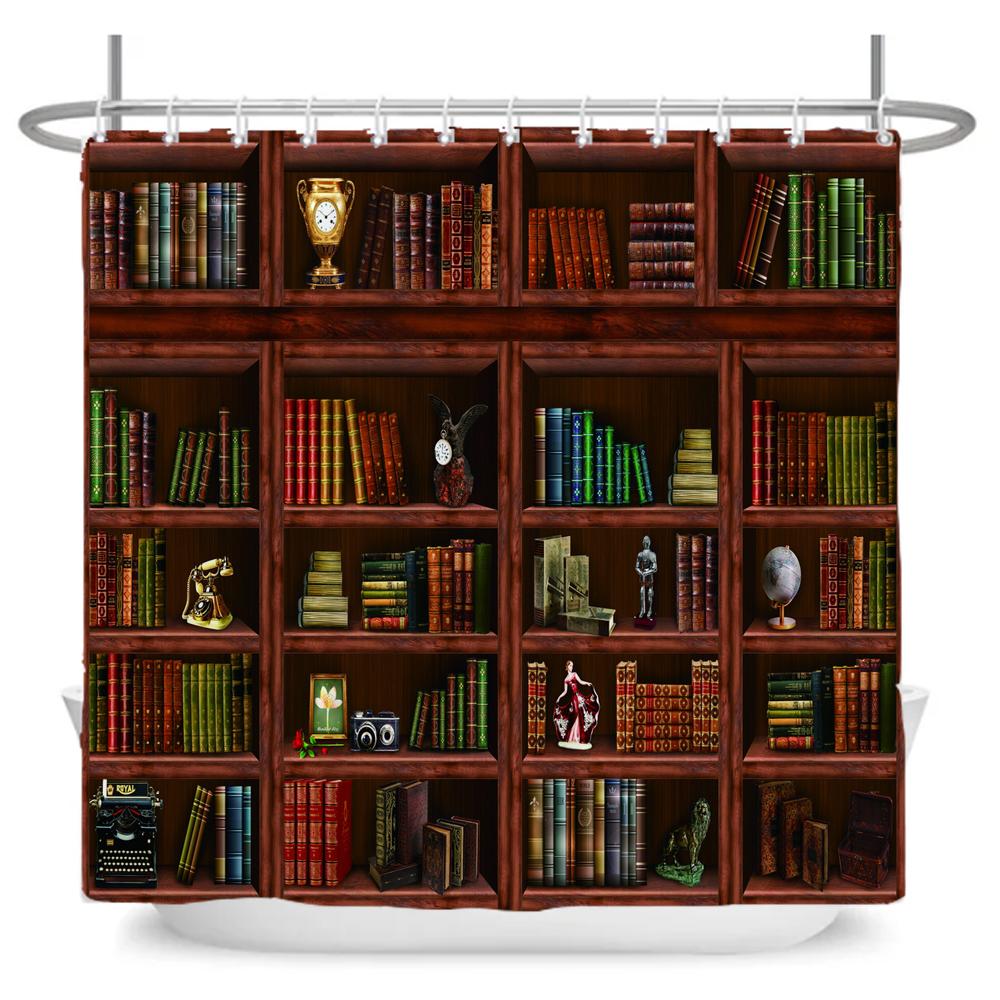 Retro style Art Bookshelf Printed Shower Curtain Bathroom Waterproof Bath Curtain With Hook Home Decoration Curtain Wall Cloth
