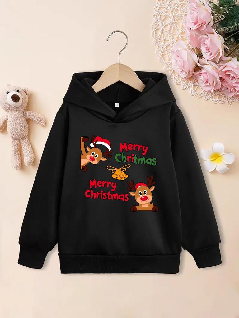 Stylish long sleeve kids hoodie with lovely christmas reindeer slogan art print,loose comfy fit for school and familyoutdoor trips in cool fall&winter