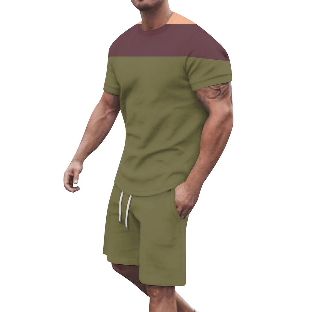 Men's Solid Color Shoulder Short Sleeved Shorts Breathable Men's Casual 2-piece Set