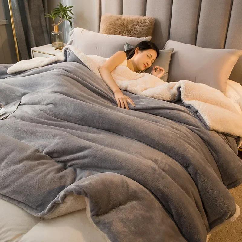 Thick Blanket Lamb Wool Warm Sleeping Double Side Microfiber Flannel Fleece Blankets for Bed Cozy Comfortable Super Soft Quilt