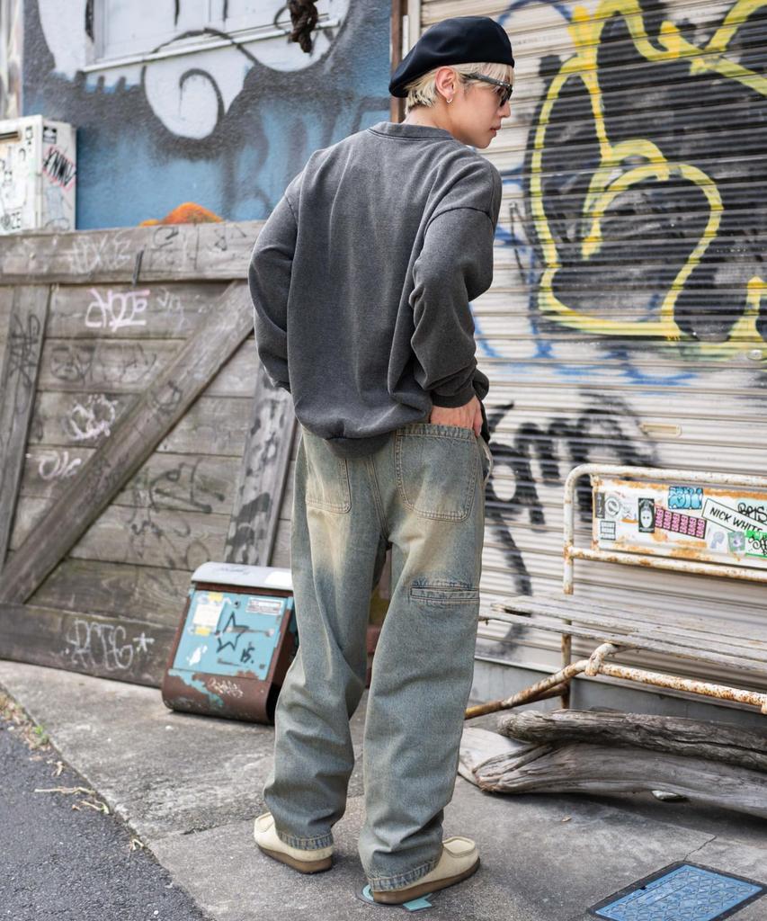 WEGO Double Knee Easy Vintage Size Lightly Denim Finish Men's Pants, Bottoms, Fall/Winter Clothing, Streetwear, Style, Gift, M,