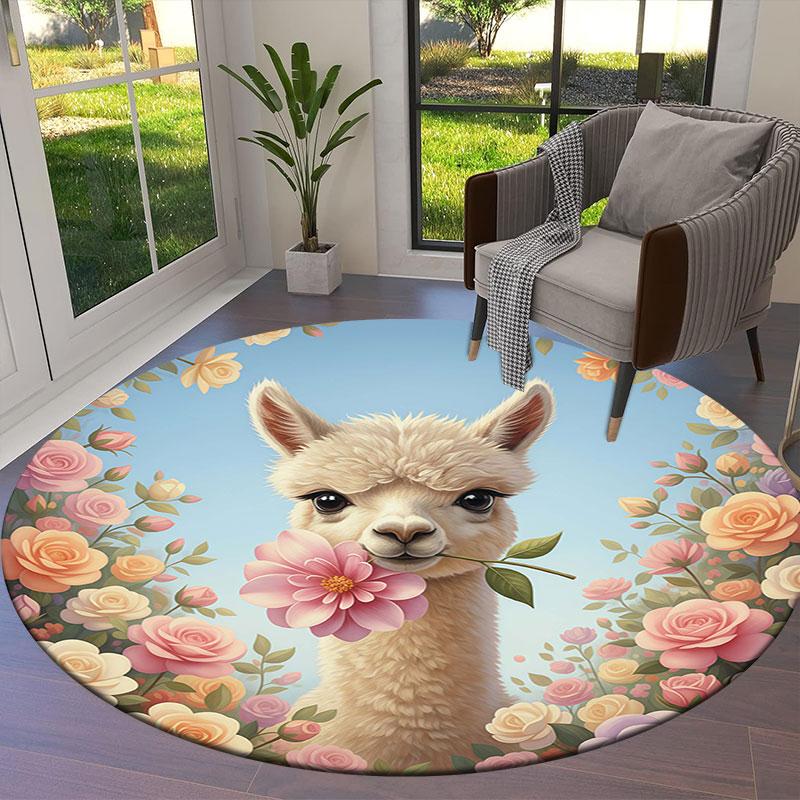 Cuteflowersanimals Round Area Rug,Carpet Rug for Living Room Bedroom Sofa Playroom Decor,Non Slip Floor Mat