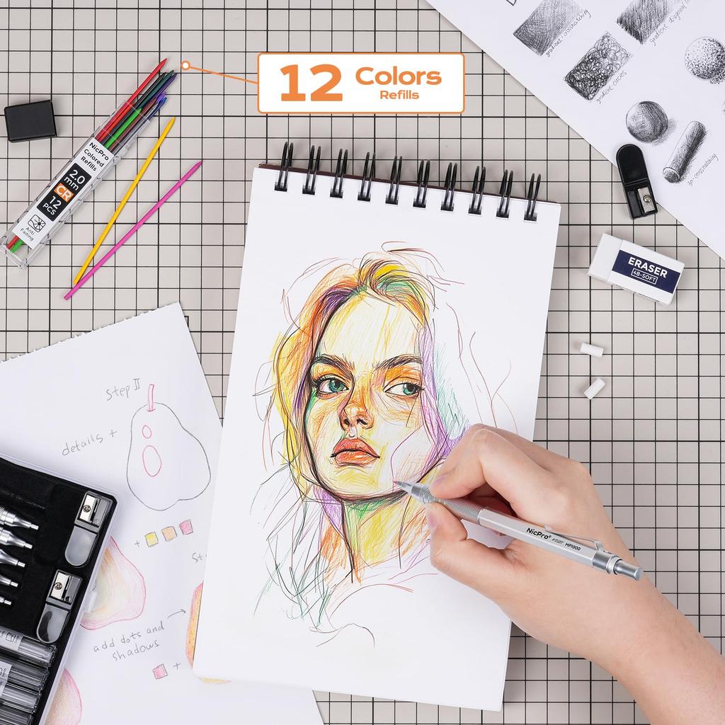 Nicpro 5-Piece Art Mechanical Pencil Set, Metal Drafting Pencils, 0.3, 0.5, 0.7, 0.9, 2mm, Graphite Lead Holder (4B, 2B, HB, 2H Colored Pencils), for