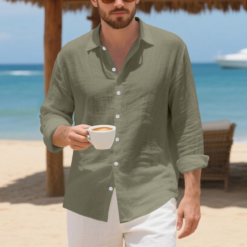 Abbigliamento Autunnale da Uomo per Uso Quotidiano Uomo Lino Americano Largo Hawaiano Casual Camicia a Bottoni Manica Lunga con Collo