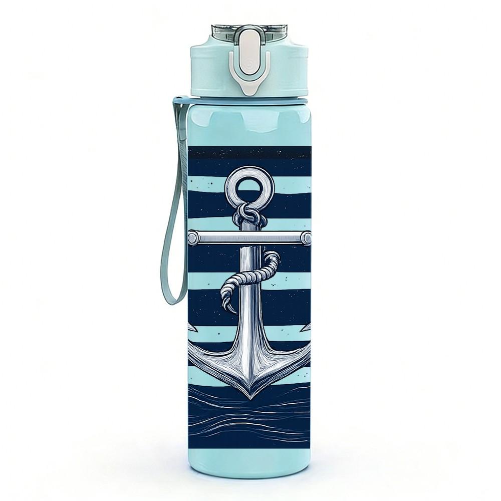 1PC Navy Stripe Anchor Nautical Print 750ml Color Plastic Sports Water Bottle Leakproof Flip Straw Lid Suitable for Sports Office Home Use