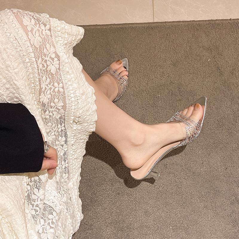 Sommer Neue Slipper Damenmode Runde Zehenpartie Strass Slipper Zehenfrei Abriebfest Hohe Absätze