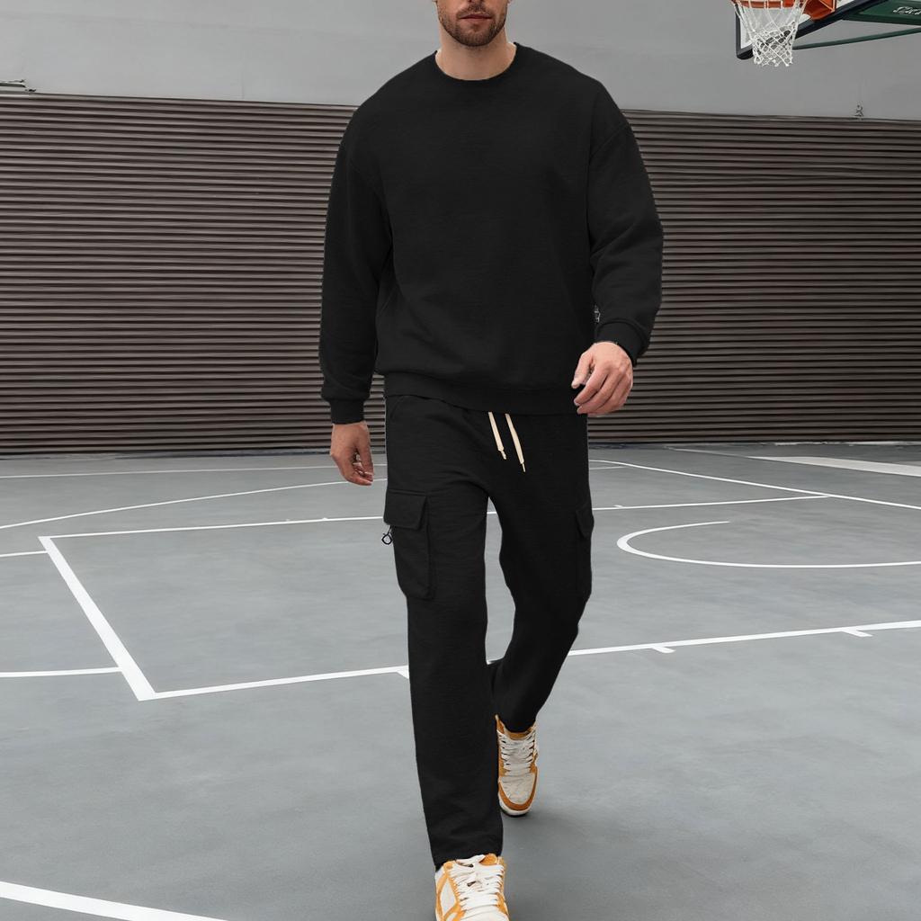 Men's Casual Sportswear Set Autumn/Winter Fleece-Lined Heavyweight Oversized Long-Sleeved Crew Neck Sweatshirt and Trousers Set