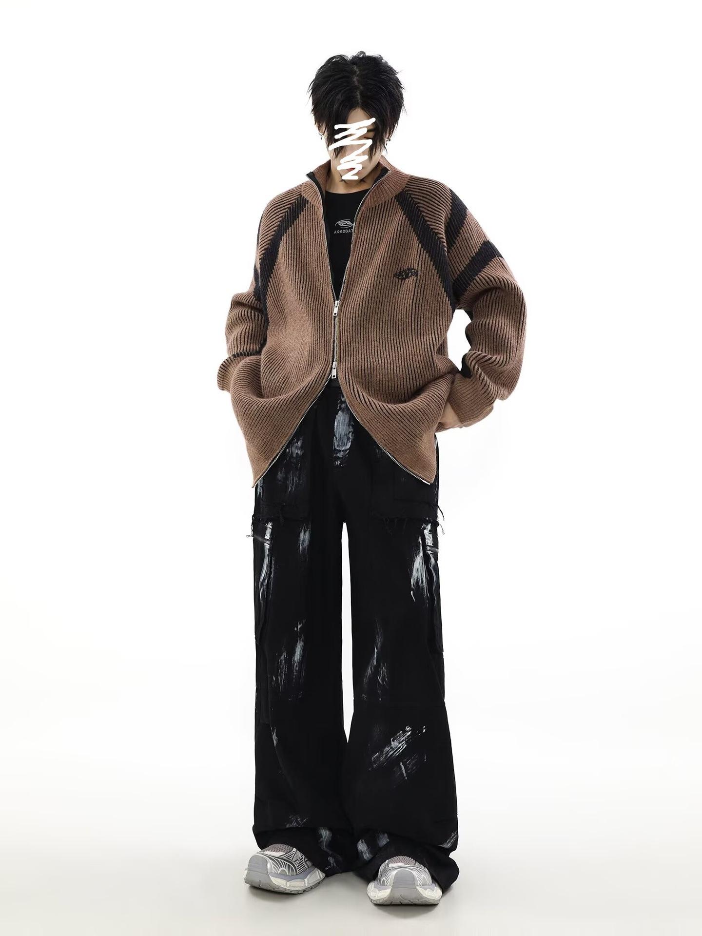 

American retro design sense niche fashion contrasting color striped turtleneck sweater couple knitted cardigan casual coat men 3XL коричневий