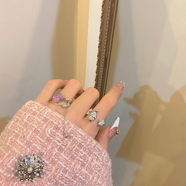 Elegant Korean Style Adjustable Geometric Pink Zirconia Ring For Women Fashion Accessory