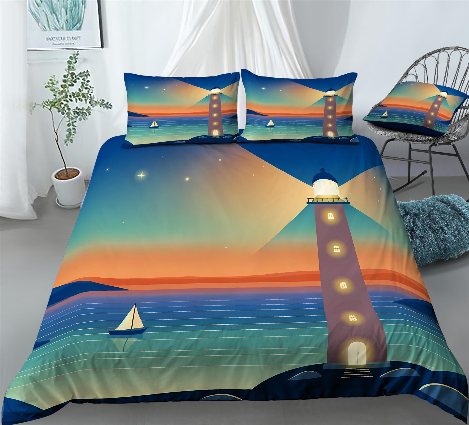 

Nautical Comforter Cover Sailboat Lighthouse Duvet Cover Watercolor Ocean Themed Bedding Set Summer Beach Polyester Quilt Cover EU single(135x200cm)