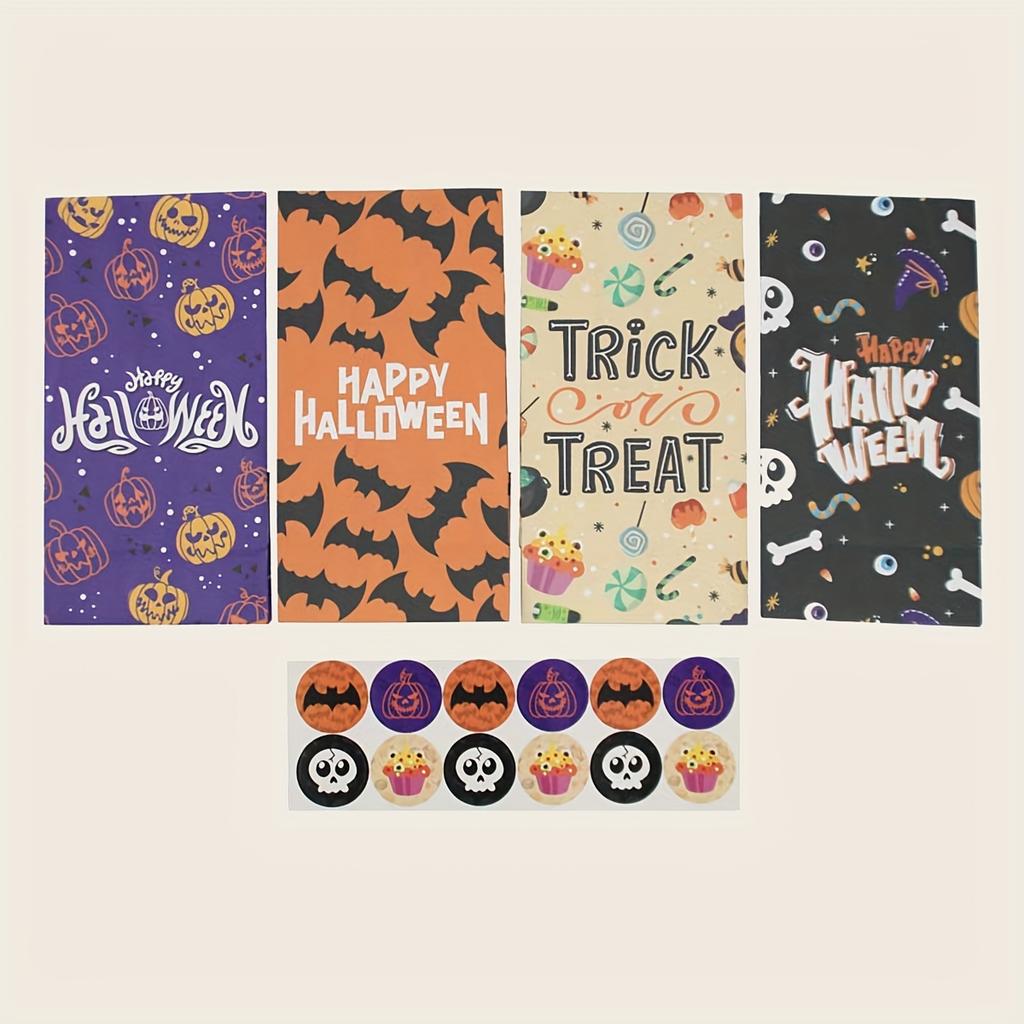 24pcs Halloween Kraft Paper Bags Student Theme Party Candy Packaging Paper Bags Halloween Snack Bag-24 Bags+24 Circular Stickers