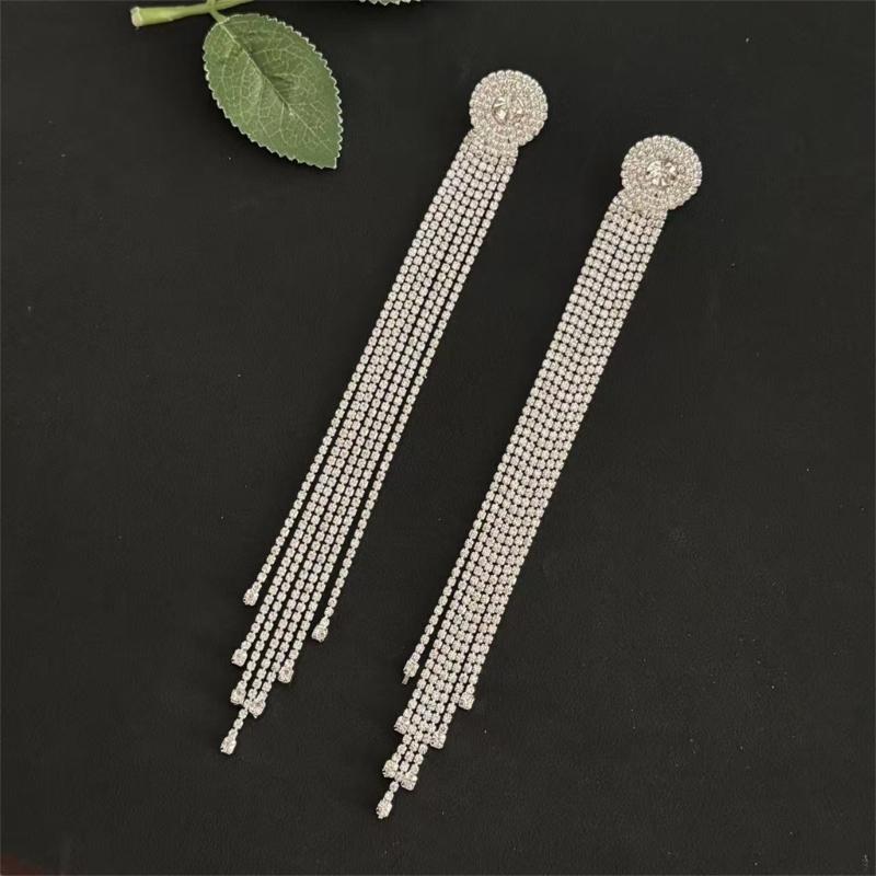 Lightweight Alloy Rhinestones Long Drop Earrings Featuring Flowing Tassels Design Comfortable for Extended Daily Use