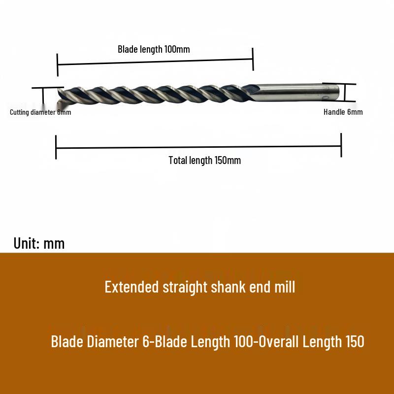 High-Speed Steel Extended Straight Shank Three-Flute End Mill, 2.5-10mm, White Steel