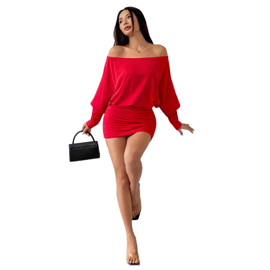 2026 Fall/Winter European & American Style One-Shoulder Batwing Sleeve Sexy Hip-Hugging Skirt