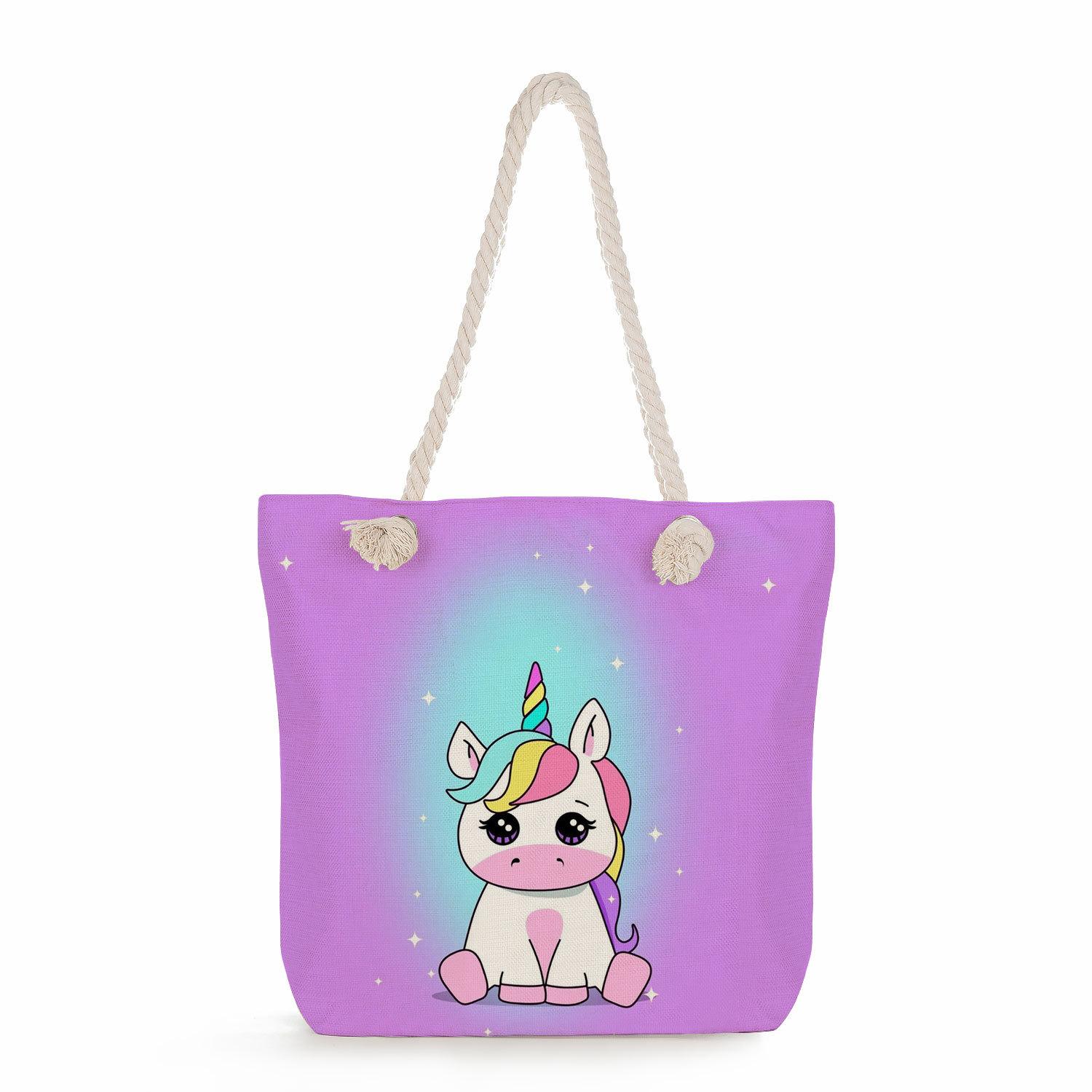 Colorful unicorn print thick rope single-shoulder beach bag 7311