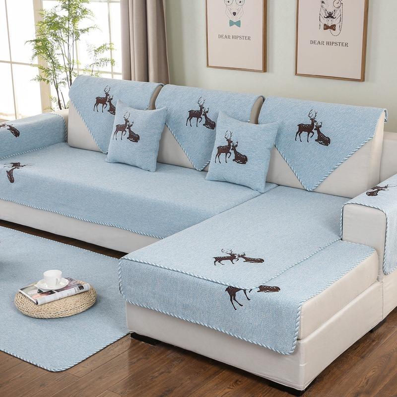 Four Seasons Non-Slip Embroidered Sofa Cushion Cotton Linen Fabric Living Room Universal Linen Thickened Modern Minimalist Solid Color Sofa Towel