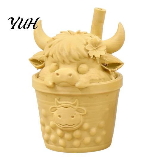 Helande Djurstaty Set 2st Söt HöglandsKo Figur, 3D-printade Bubble Tea Statyer, Kreativ Hartsliknande Modell Sommarbondgårdsstil Skrivbords