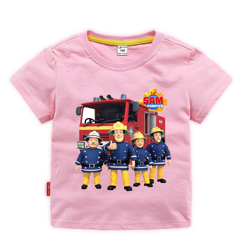 Children Cartoon Fireman Sam Print Cotton Tshirts for Boy Shirt Girl Short Sleeve Tee Top Clothes Kids Clothing Unisex 210Year