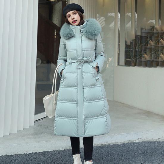Winter Women Cotton Jacket with Hood Neck Protection Long Sleeves Pockets Mid-calf Length Zipper Closure Padded Coat Solid Color Windproof Outwear