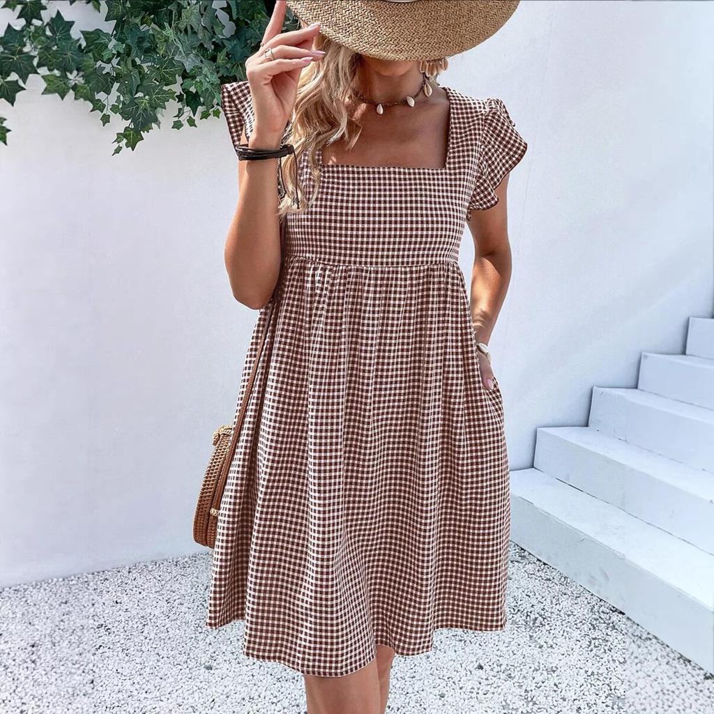 Women's Square Neck Dress with Ruffle Sleeves High Waist Gingham Pattern Casual Loose Fit Summer Dress