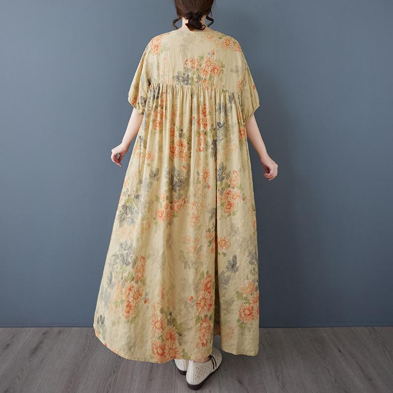 DIMANAF 2025 Summer Women Vintage Printing Plus Size Long Dress Short Sleeve Casual Basic Loose Dress